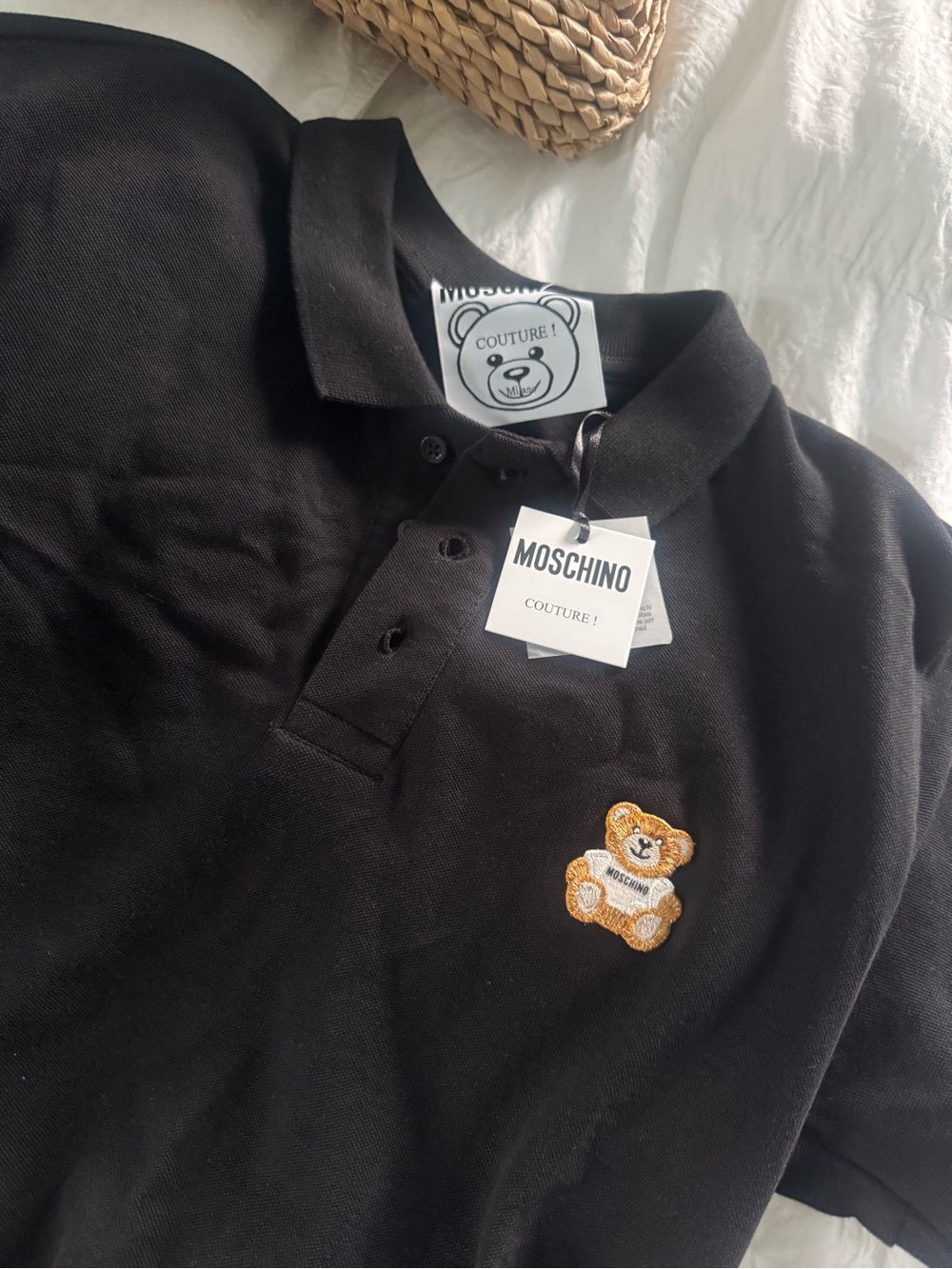 Moschino Black men’s Polo with Embroidered Teddy Patch size 46